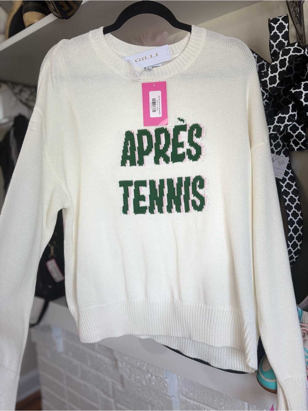 Gilli Cream Knit Sweater with Green 'APRÈS TENNIS' Lettering